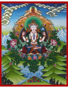 Avalokiteshvara Buddha four-armed, carrying a rose flower in the right hand and shankha beads in left, 24 karat pure gold