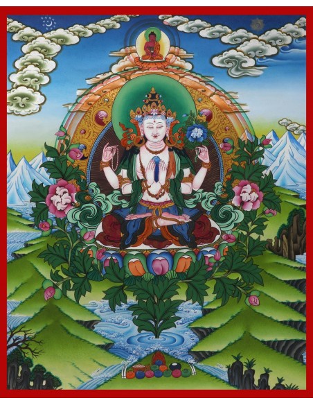 Avalokiteshvara Buddha four-armed, carrying a rose flower in the right hand and shankha beads in left, 24 karat pure gold