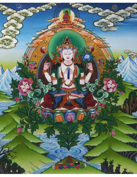 Avalokiteshvara Buddha four-armed, carrying a rose flower in the right hand and shankha beads in left, 24 karat pure gold