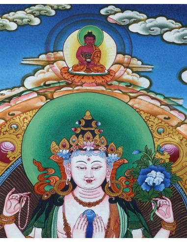 Avalokiteshvara Buddha four-armed, carrying a rose flower in the right hand and shankha beads in left, 24 karat pure gold