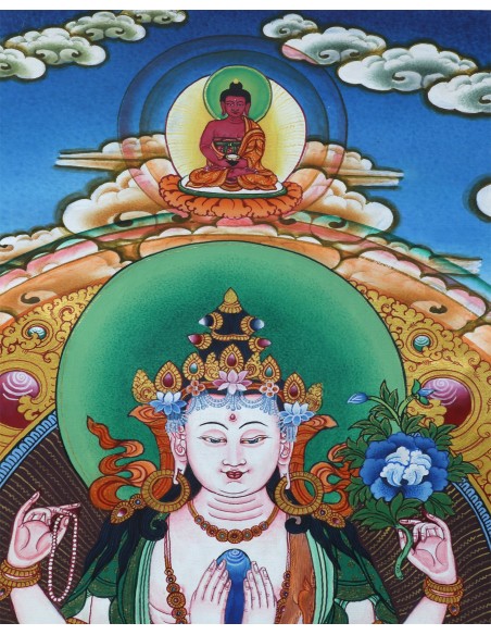 Avalokiteshvara Buddha four-armed, carrying a rose flower in the right hand and shankha beads in left, 24 karat pure gold