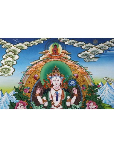 Avalokiteshvara Buddha four-armed, carrying a rose flower in the right hand and shankha beads in left, 24 karat pure gold