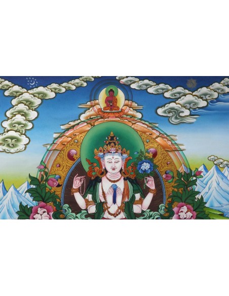 Avalokiteshvara Buddha four-armed, carrying a rose flower in the right hand and shankha beads in left, 24 karat pure gold