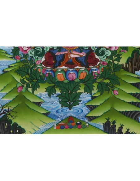 Avalokiteshvara Buddha four-armed, carrying a rose flower in the right hand and shankha beads in left, 24 karat pure gold