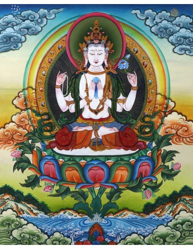 Avalokiteshvara Buddha four-arms, carrying a rose flower in the right hand and shankha beads in left