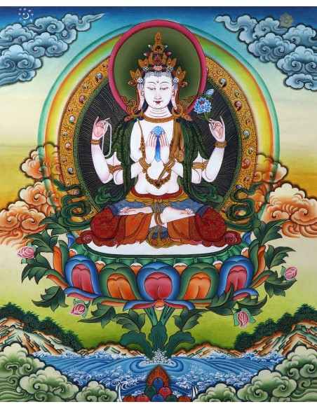 Avalokiteshvara Buddha four-arms, carrying a rose flower in the right hand and shankha beads in left