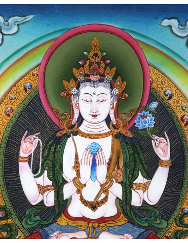 Avalokiteshvara Buddha four-arms, carrying a rose flower in the right hand and shankha beads in left