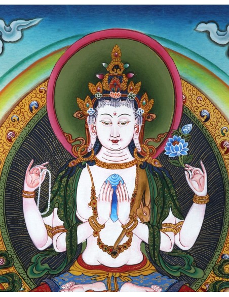 Avalokiteshvara Buddha four-arms, carrying a rose flower in the right hand and shankha beads in left