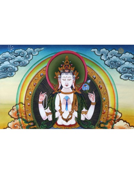 Avalokiteshvara Buddha four-arms, carrying a rose flower in the right hand and shankha beads in left