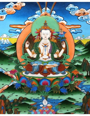 Avalokiteshvara Buddha four-armed, carrying a rose flower in the right hand and shankha beads in left, handmade thanka paint