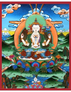 Avalokiteshvara Buddha four-armed, carrying a rose flower in the right hand and shankha beads in left, handmade thanka paint
