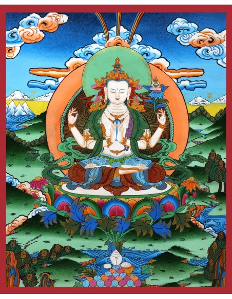 Avalokiteshvara Buddha four-armed, carrying a rose flower in the right hand and shankha beads in left, handmade thanka paint