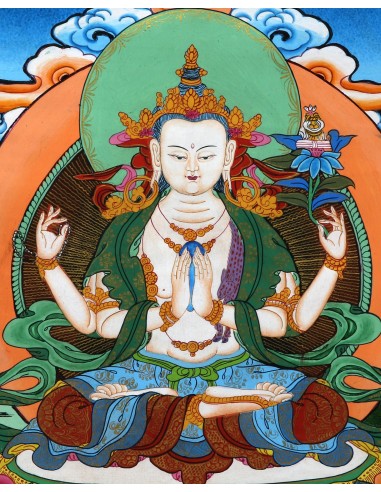 Avalokiteshvara Buddha four-armed, carrying a rose flower in the right hand and shankha beads in left, handmade thanka paint