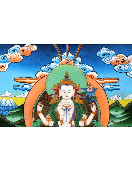 Avalokiteshvara Buddha four-armed, carrying a rose flower in the right hand and shankha beads in left, handmade thanka paint