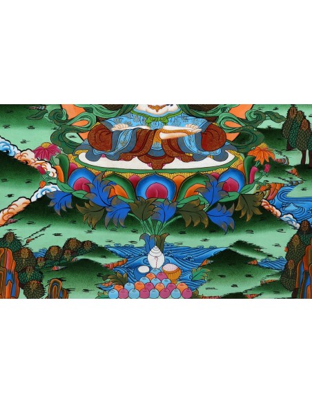 Avalokiteshvara Buddha four-armed, carrying a rose flower in the right hand and shankha beads in left, handmade thanka paint