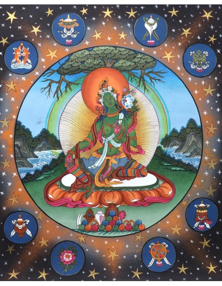 green tara represents the virtuous, enlightenment, long life, life protection, happiness, cotton canvas thangka