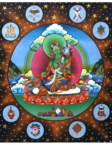 green tara represents the virtuous, enlightenment, long life, life protection, happiness, cotton canvas thangka, 24 karat pure