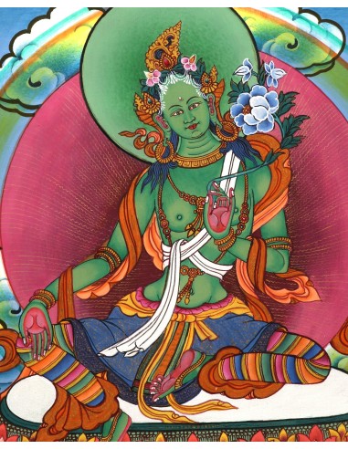 green tara represents the virtuous, enlightenment, long life, life protection, happiness, cotton canvas thangka, 24 karat pure