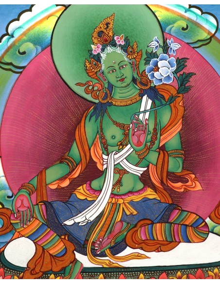 green tara represents the virtuous, enlightenment, long life, life protection, happiness, cotton canvas thangka, 24 karat pure