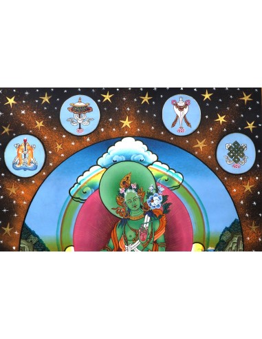 green tara represents the virtuous, enlightenment, long life, life protection, happiness, cotton canvas thangka, 24 karat pure