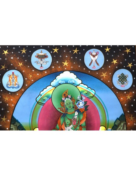 green tara represents the virtuous, enlightenment, long life, life protection, happiness, cotton canvas thangka, 24 karat pure