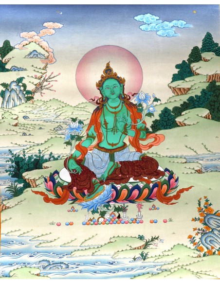 Original hand-painted Tibetan thangka green tara, painting with silk brocade meditation thangka, tara paintings, arya tara