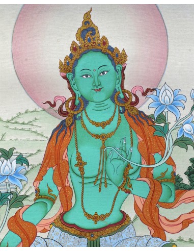 Original hand-painted Tibetan thangka green tara, painting with silk brocade meditation thangka, tara paintings, arya tara