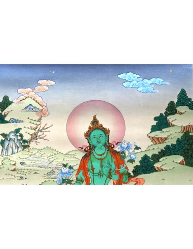 Original hand-painted Tibetan thangka green tara, painting with silk brocade meditation thangka, tara paintings, arya tara