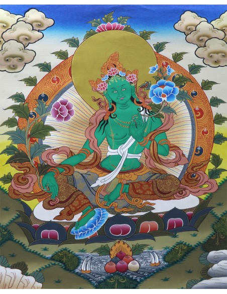 Original hand-painted Tibetan thanka green tara, painting with silk brocade meditation thangka, tara paintings, arya tara, 21X15