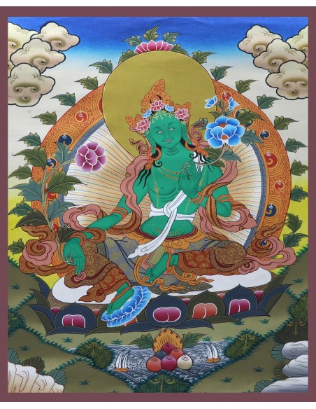 Original hand-painted Tibetan thanka green tara, painting with silk brocade meditation thangka, tara paintings, arya tara, 21X15