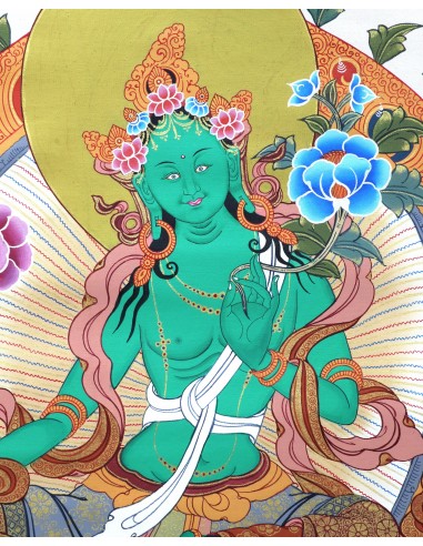 Original hand-painted Tibetan thanka green tara, painting with silk brocade meditation thangka, tara paintings, arya tara, 21X15
