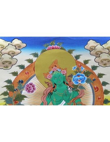 Original hand-painted Tibetan thanka green tara, painting with silk brocade meditation thangka, tara paintings, arya tara, 21X15