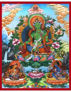 Original hand-painted Tibetan thanka green tara, manjushri, vajrapani, 24x18 inches, gentle glory, guide fo gautama budhha