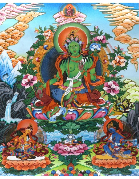 Original hand-painted Tibetan thanka green tara, manjushri, vajrapani, 24x18 inches, gentle glory, guide fo gautama budhha