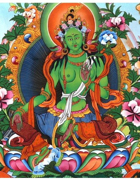 Original hand-painted Tibetan thanka green tara, manjushri, vajrapani, 24x18 inches, gentle glory, guide fo gautama budhha