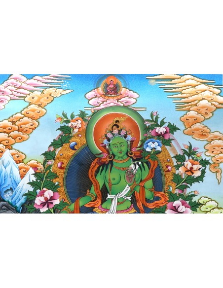 Original hand-painted Tibetan thanka green tara, manjushri, vajrapani, 24x18 inches, gentle glory, guide fo gautama budhha