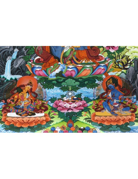 Original hand-painted Tibetan thanka green tara, manjushri, vajrapani, 24x18 inches, gentle glory, guide fo gautama budhha