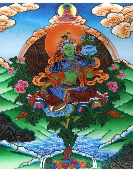 Original handmade Tibetan thanka green tara, painting with silk brocade meditation thangka, tara paintings, arya tara, 21x15.5