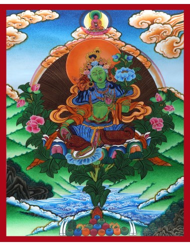 Original handmade Tibetan thanka green tara, painting with silk brocade meditation thangka, tara paintings, arya tara, 21x15.5