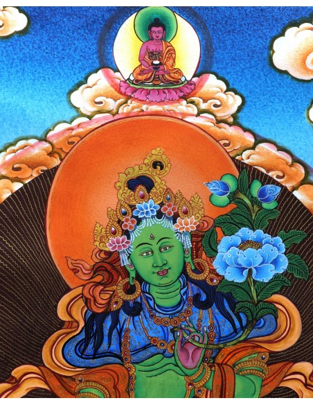 Original handmade Tibetan thanka green tara, painting with silk brocade meditation thangka, tara paintings, arya tara, 21x15.5