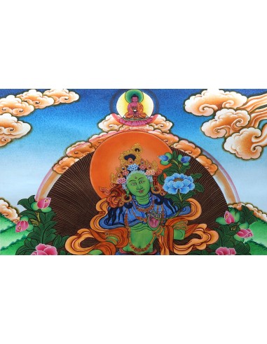 Original handmade Tibetan thanka green tara, painting with silk brocade meditation thangka, tara paintings, arya tara, 21x15.5