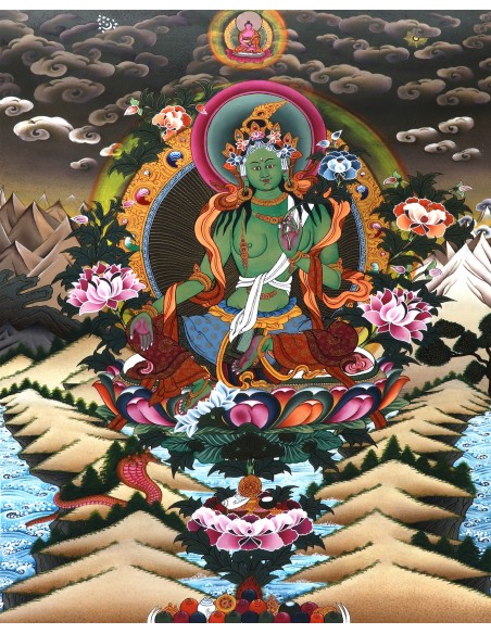 Original hand-painted Tibetan thanka green tara, painting with silk brocade meditation thangka, tara paintings, arya tara, 24x18