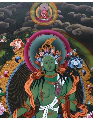 Original hand-painted Tibetan thanka green tara, painting with silk brocade meditation thangka, tara paintings, arya tara, 24x18