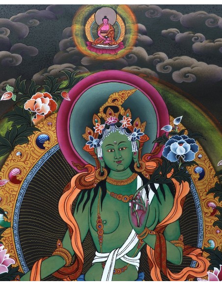 Original hand-painted Tibetan thanka green tara, painting with silk brocade meditation thangka, tara paintings, arya tara, 24x18