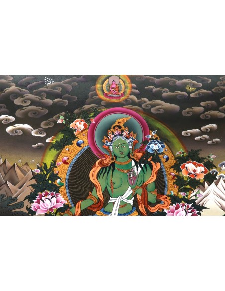 Original hand-painted Tibetan thanka green tara, painting with silk brocade meditation thangka, tara paintings, arya tara, 24x18