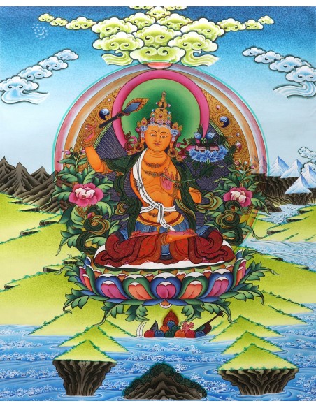 Manjushri god of wisdom, right hand holding PRAJNA KHADGA - the sword of wisdom, cotton canvas thangka painting