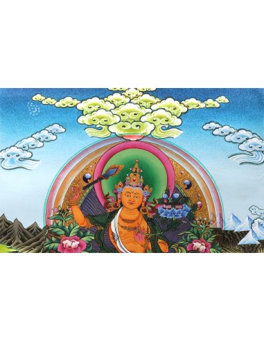 Manjushri god of wisdom, right hand holding PRAJNA KHADGA - the sword of wisdom, cotton canvas thangka painting