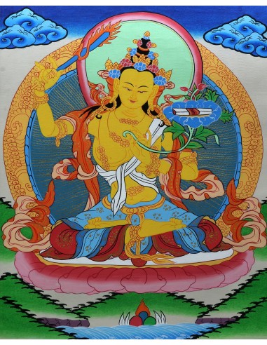 Manjushri god of wisdom, right hand holding PRAJNA KHADGA - the sword of wisdom, gold plated, cotton canvas 15"x11" inch