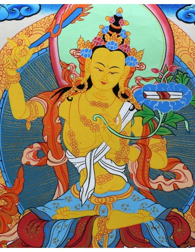 Manjushri god of wisdom, right hand holding PRAJNA KHADGA - the sword of wisdom, gold plated, cotton canvas 15"x11" inch