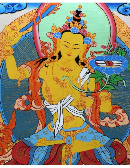 Manjushri god of wisdom, right hand holding PRAJNA KHADGA - the sword of wisdom, gold plated, cotton canvas 15"x11" inch